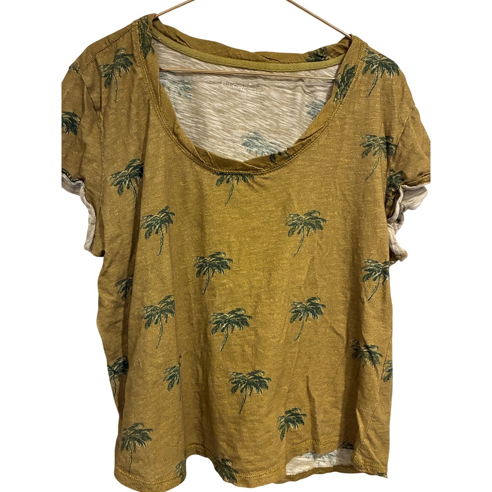 Pilcro Anthropologie Mustard Yellow Palm Tree Print Cotton Scoop Neck Tee M